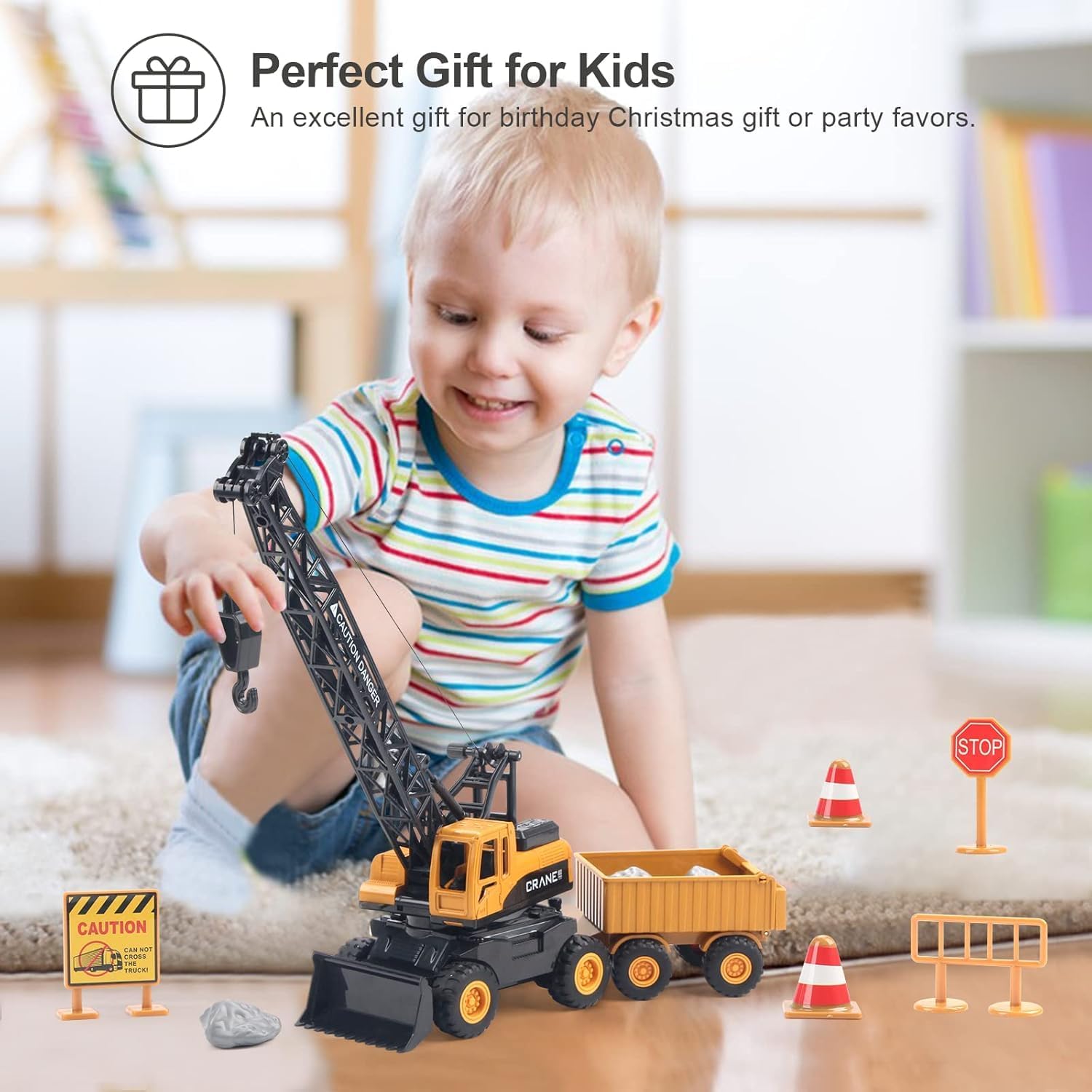 SKYBUCKET Crane toyruck, Construction Truck toyetith Road Signs,Outdoor Engineering Vehicle for Sand Party Favour, Birthday Gift 3-8 Years Old Toddlers Children Boys Kidso Play 4