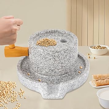 Natural Granite Stone Grain Mill, Household Stone Grinder, Traditional Manual Grinding Tool with 7.87x4.72in Rotating Plate, Dry Wet Dual Use Hand Crank Food Mill Grinder for Flour Spices Nuts