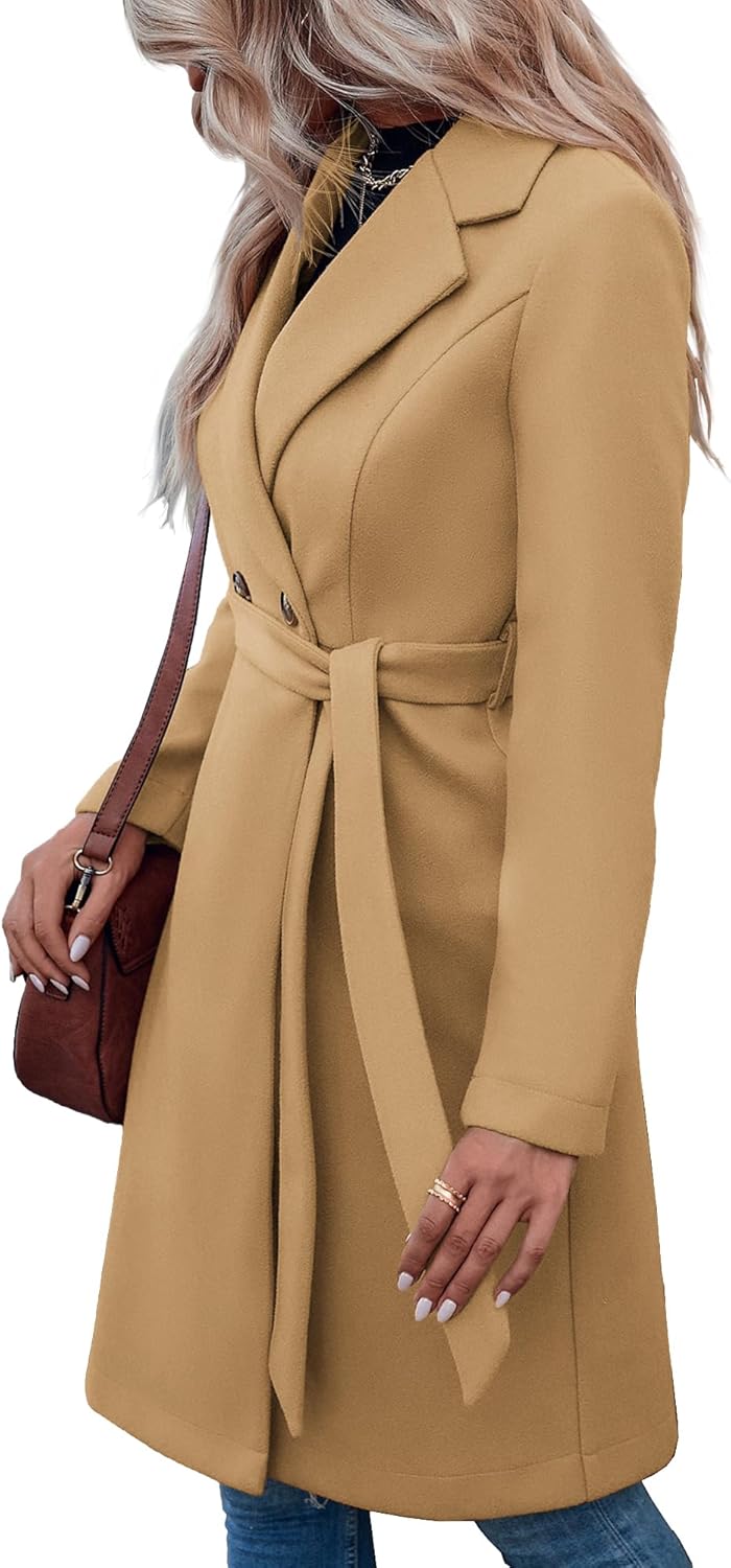Fazortev Womens Pea Trench Coats Notched Lapel Double Breasted Belted Business Casual Jackets Outerwear - Image 4