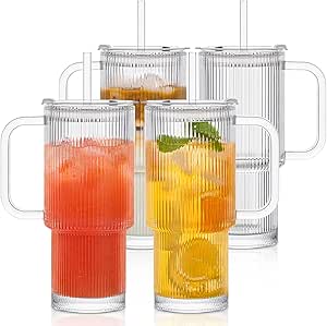 INSETLAN 760ml Ribbed Glass Cup With Lids And Straws, 4 Pack - View #2