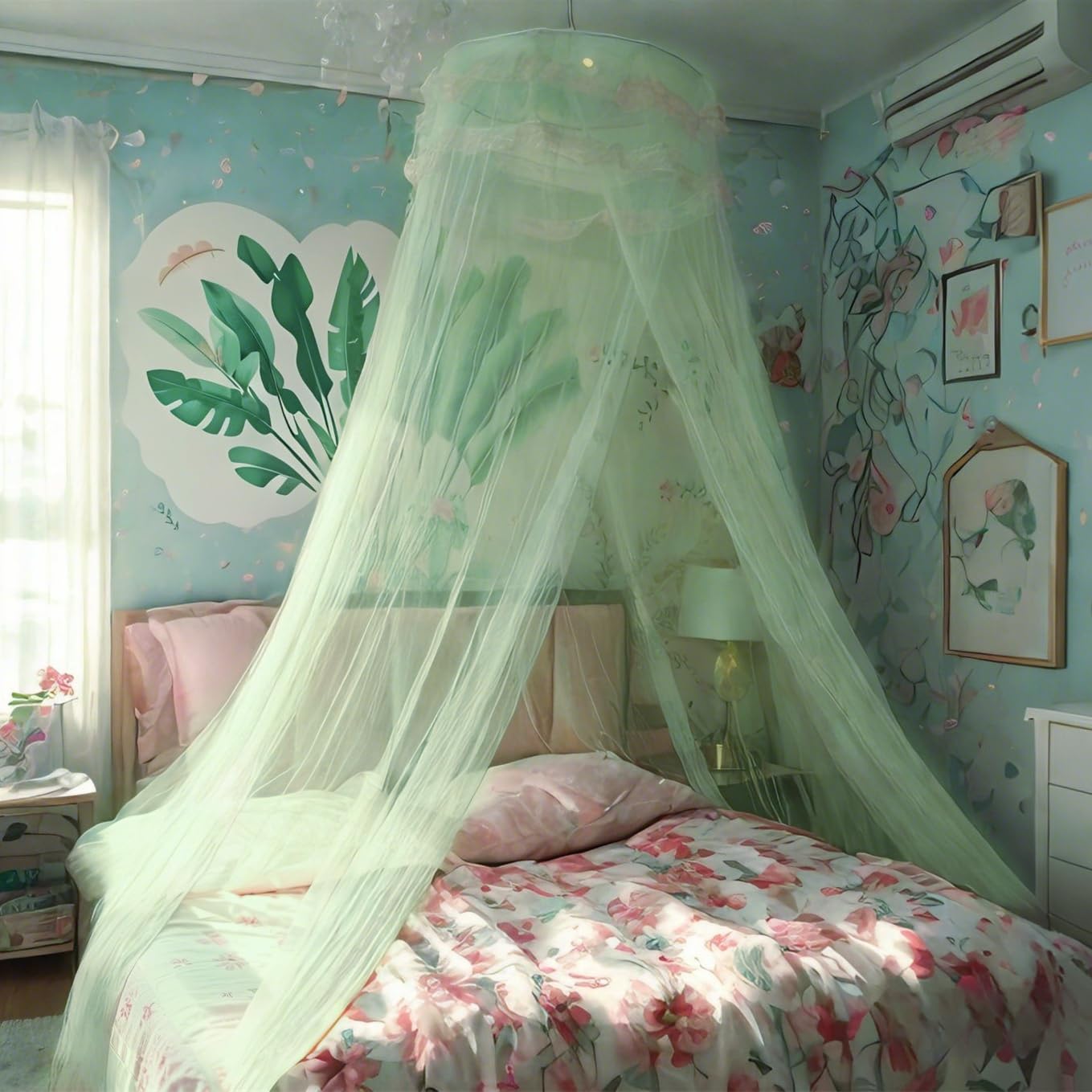 Eimilaly Lace Bed Canopy Mosquito Netting with Warm Lights, Princess Bed Canopy for Girls Room Decor Green/Single Door - Image 2