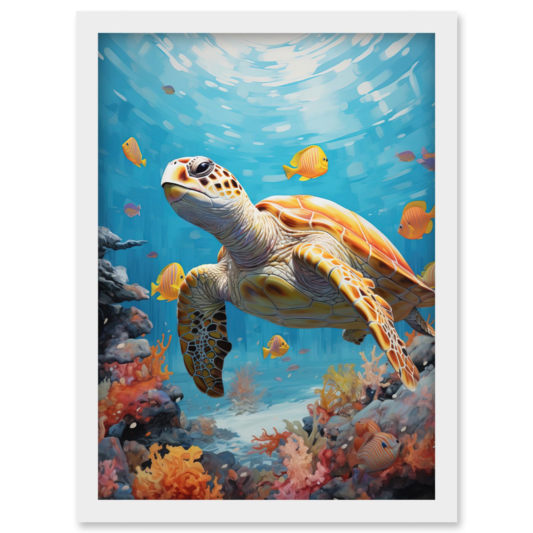 Artery8 Loggerhead Sea Turtle in Coral Reef Bright Detailed Artwork Caretta Swimming with Yellow Striped Fish Artwork Framed Wall Art Print A4