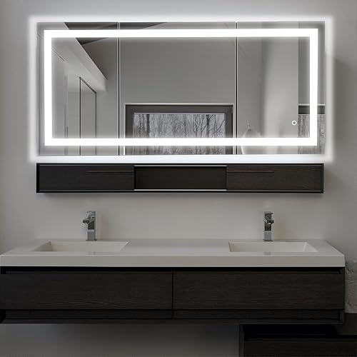 LEDMyplace - Espejo de baño LED de 70 x 32 pulgadas, retroiluminado y luz frontal, antivaho, ajustable, temperatura de color y recuerdo, interruptor