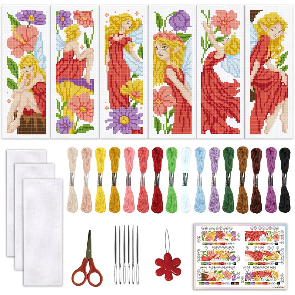 6 Set Fairy & Flower Cross Stitch Bookmark Kit for Beginner with Backing Felt Floss Instructions DIY Stamped Embroidery Bookmark Kit for Adults, Book Lovers