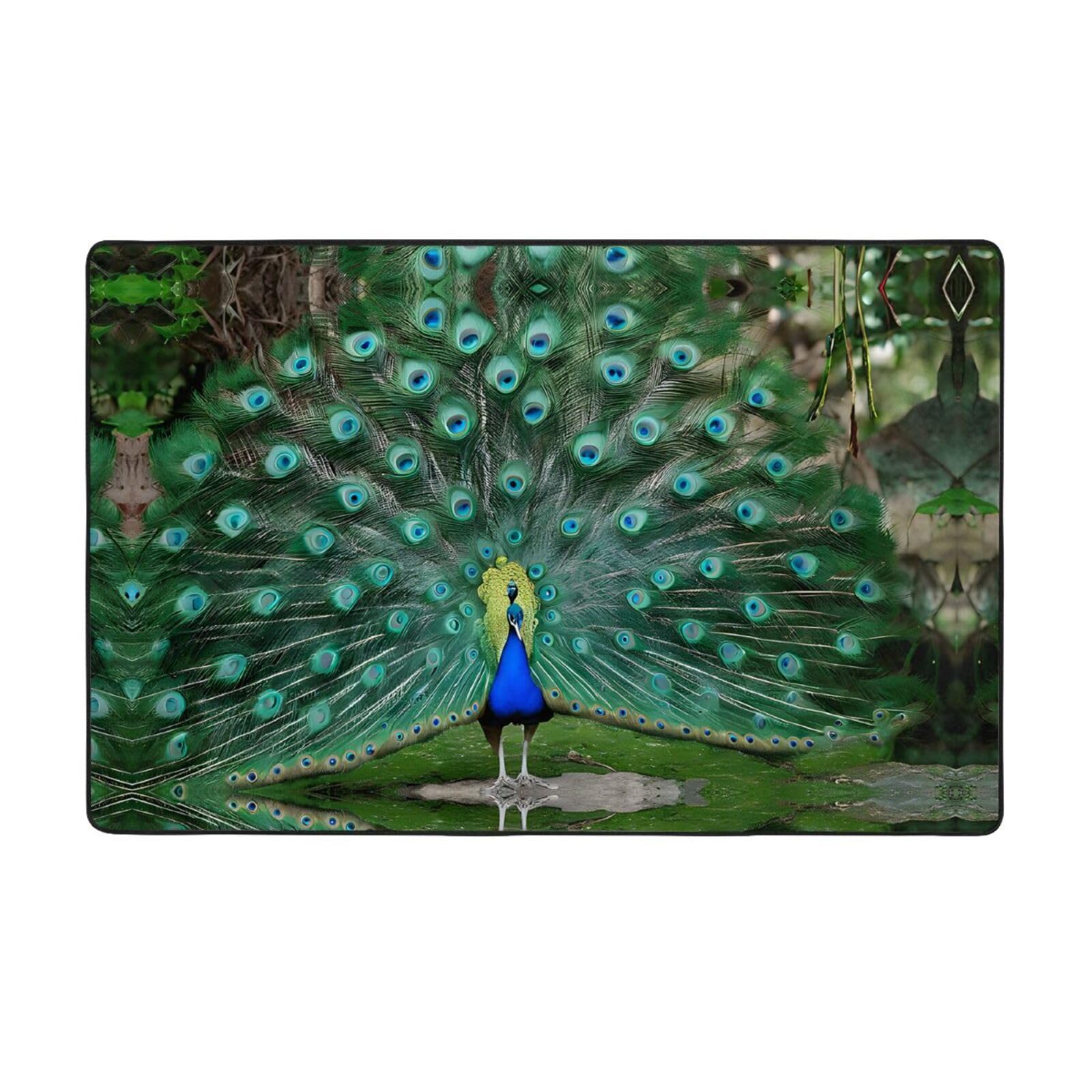 Tapis de sol antidérapant plume de paon verte, idéal pour la décoration de la salle à manger