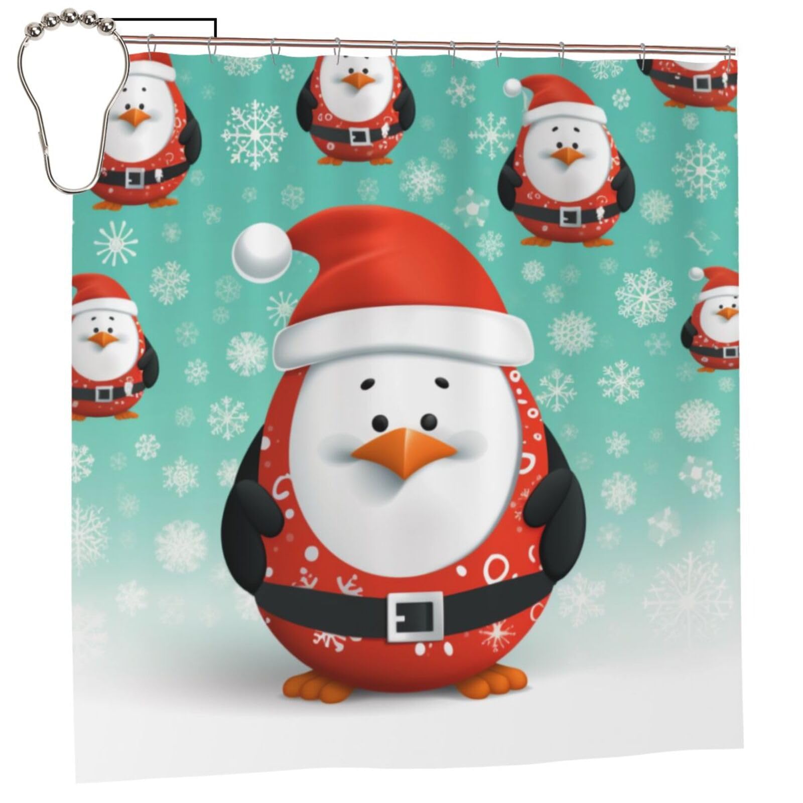 BWWHCCTI Christmas Santa Penguin Printed Shower Curtain With 12 Iron Hooks Opaque Quick Drying Waterproof Shower Curtains Sets For Bathroom 183x183 CM