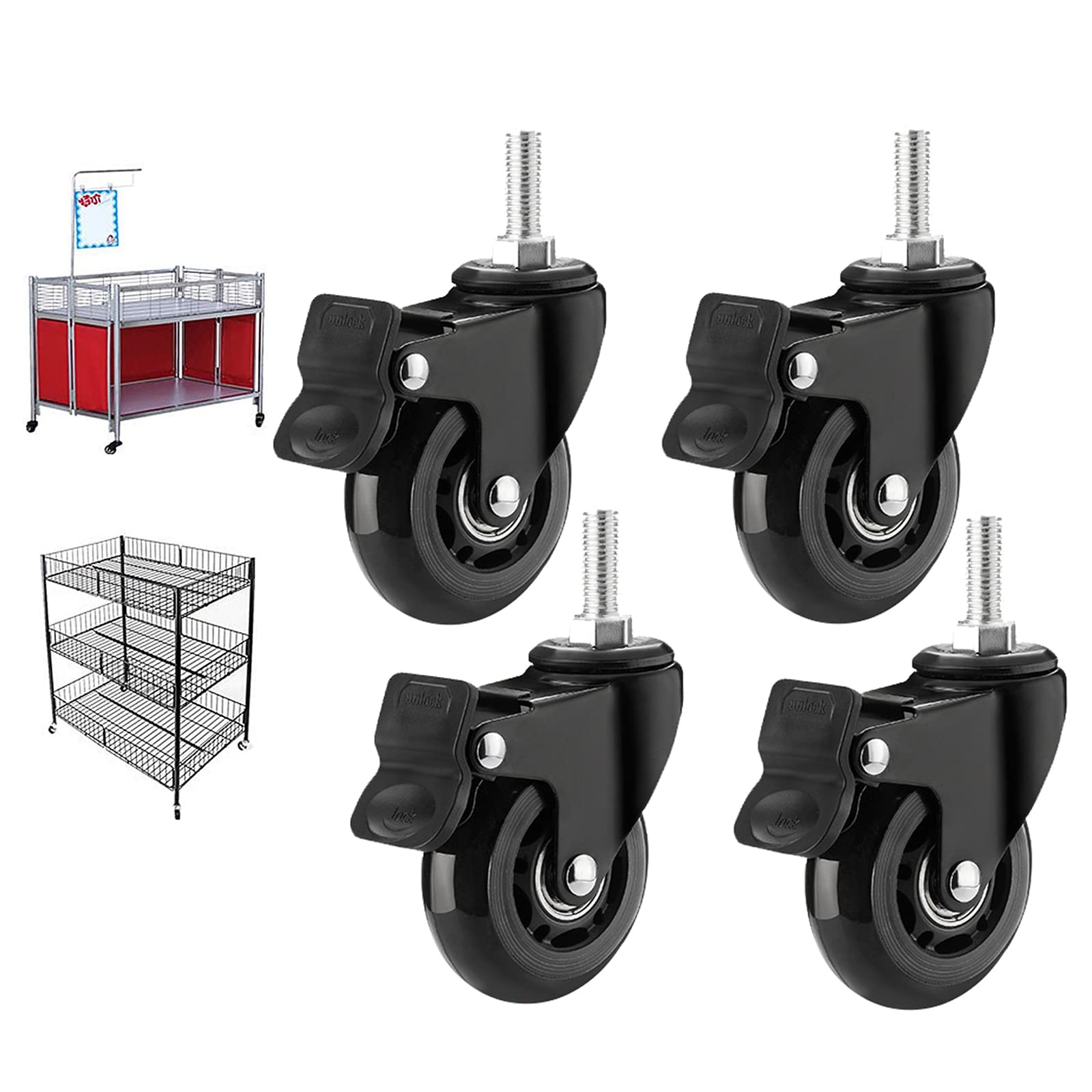 GBRJUYF Heavy Duty Rubber Caster Wheels Set of 4, M8 & M10 Swivel Casters with Brakes for Industrial Furniture, Cart, and Equipment - Durable & Smooth Rolling