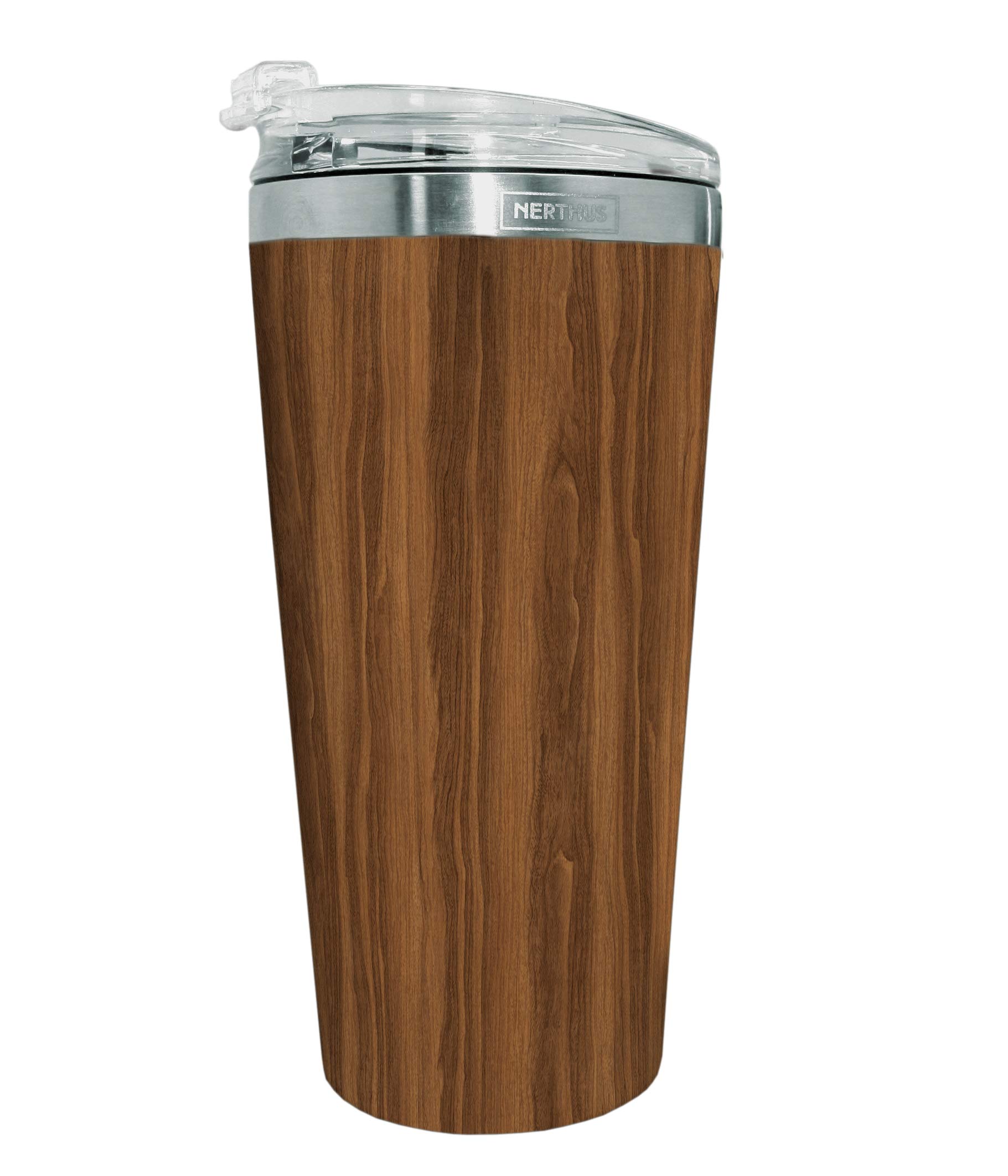 NERTHUS Double Wall 500ml Flask Food Dishwasher Safe Coffee Cups BPA Stainless Steel Wood, 9.5 X 19(Alt) Cm