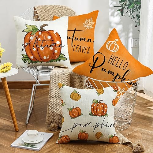 Miniatura 3 de Juego de 4 fundas de almohada de otoño de 18 x 18 pulgadas, diseño de calabaza de otoño, Acción de Gracias, fundas de almohada decorativas para