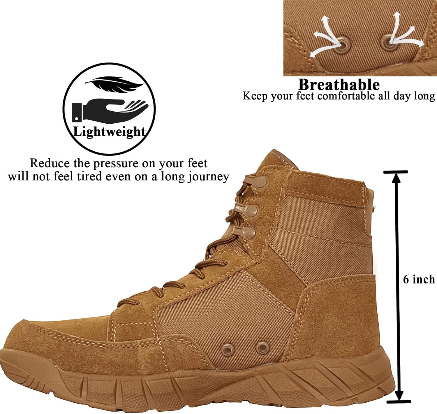 6 Inch Lightweight Mens Tactical Shoes Combat Boots Coyote Boots Military Training Lace Up Outdoor Hiking Breathable Army Shoe - Image 4