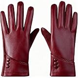 Yloxuf Women's Winter Leather Gloves, with Touch Screen Function, Cozy Wool Lining, Windproof Design, Fashion Driving Gloves, Wine Red Leather Gloves Women