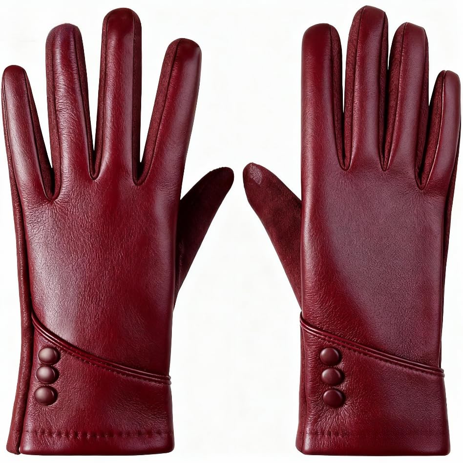 Yloxuf Womens Winter Leather Gloves with Touch Screen Function Cozy Wool Lining Windproof Design Fashion Driving Gloves Wine Red Leather Gloves Women