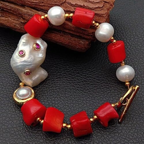Pulsera de perlas Keshi Cz pavé con perla blanca y coral rojo #22477