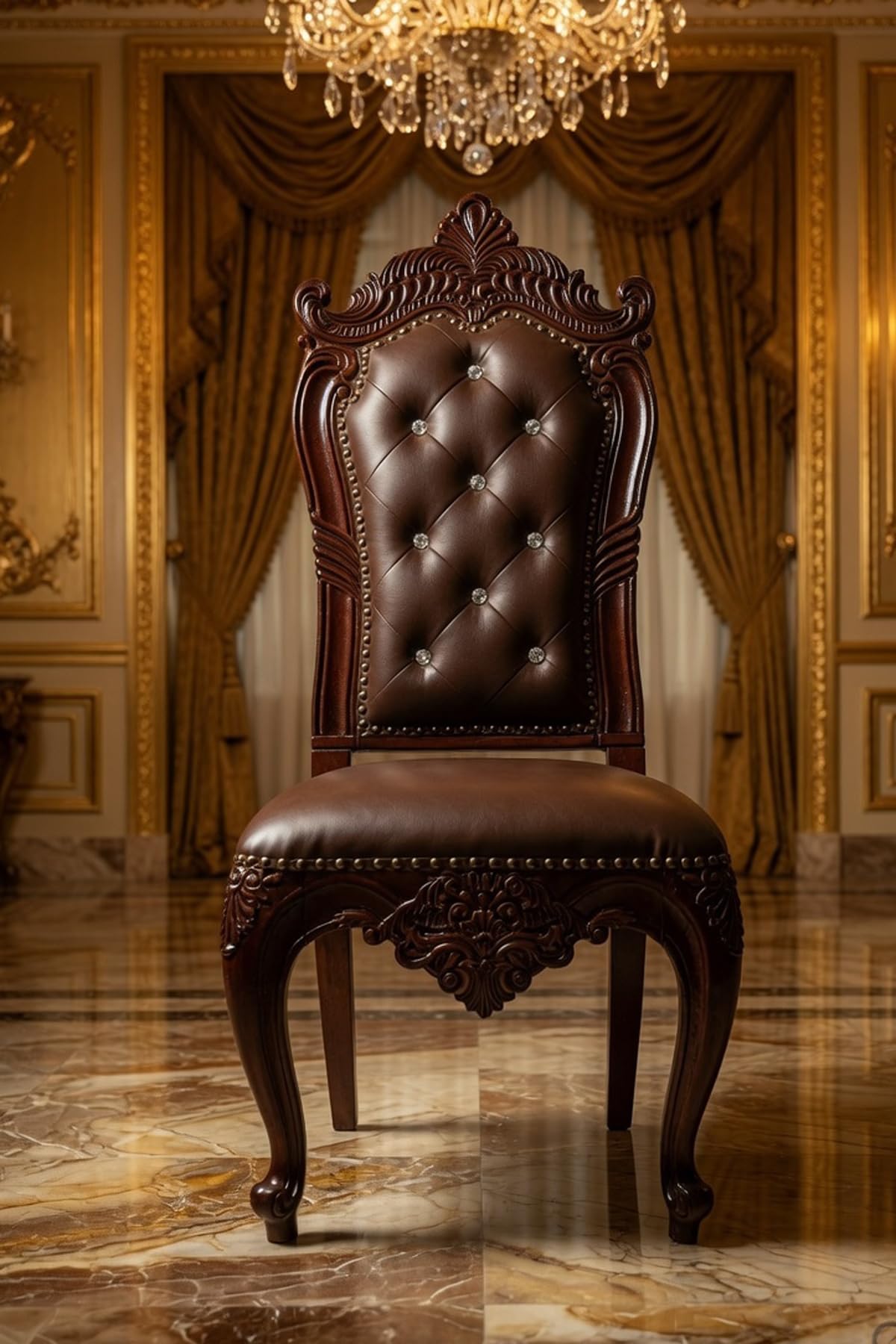 Baroque Style Dining Chair, Brown Leather Tufted Upholstery | Carved Wood Frame, Crystal Button Tufting, Cabriole Legs, Nailhead Trim Detail, High-Back Design-image-3