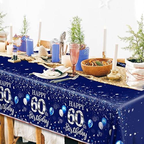 Miniatura 34 de GREHUMOR Mantel de feliz cumpleaños de 3 piezas, color azul plateado, suministros para fiesta de cumpleaños 30, funda de mesa desechable de plástico