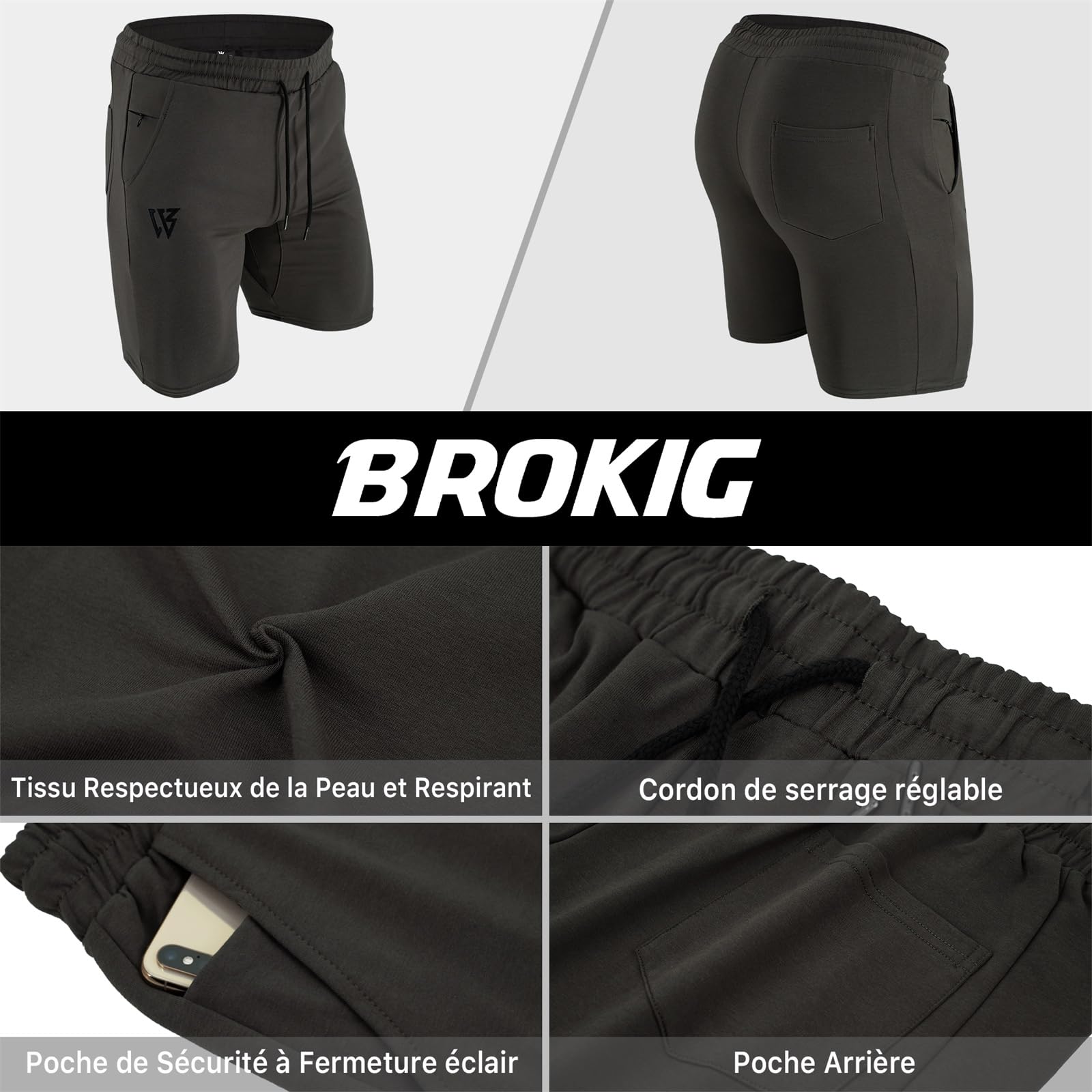BROKIG - Pantalón corto deportivo para hombre, algodón, con bolsillos con cremallera
