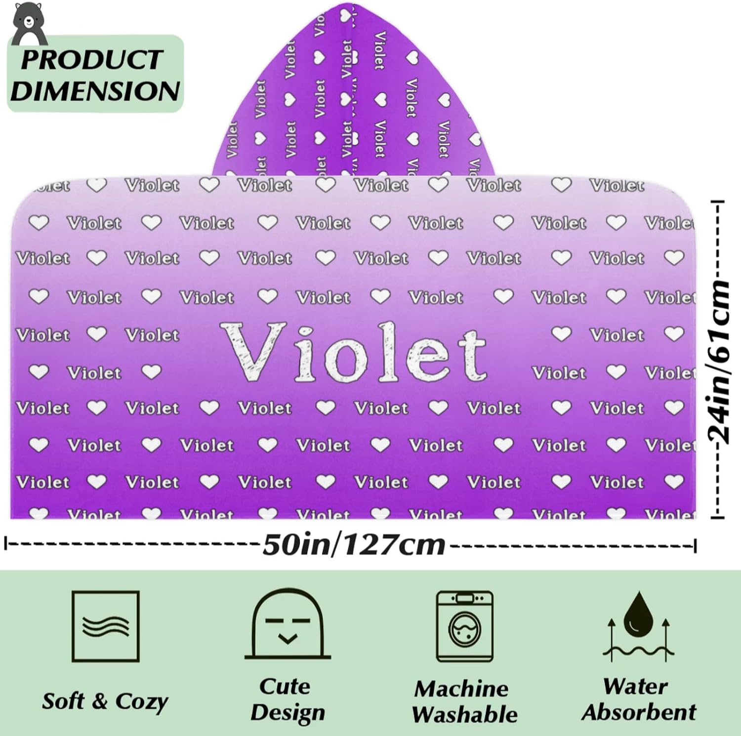 Custom Kids Hooded Beach Towel Personalized Beach Towels with Names, Microfiber Quick Dry Custom Beach Towels with Hood, Sand Free Pool Towels Soft Bath Towels, Purple Gradient