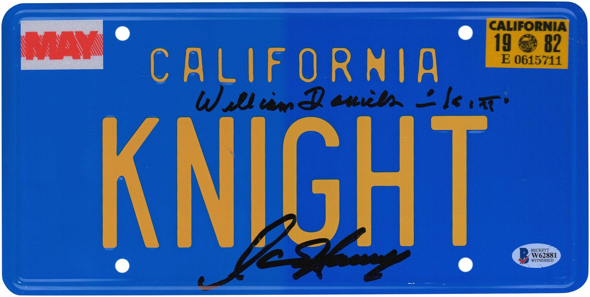 David Hasselhoff and William Daniels Knight Right Autographed KNIGHT License Plate with "Kitt" Inscription - Beckett - Movie Miscellaneous Memorabilia