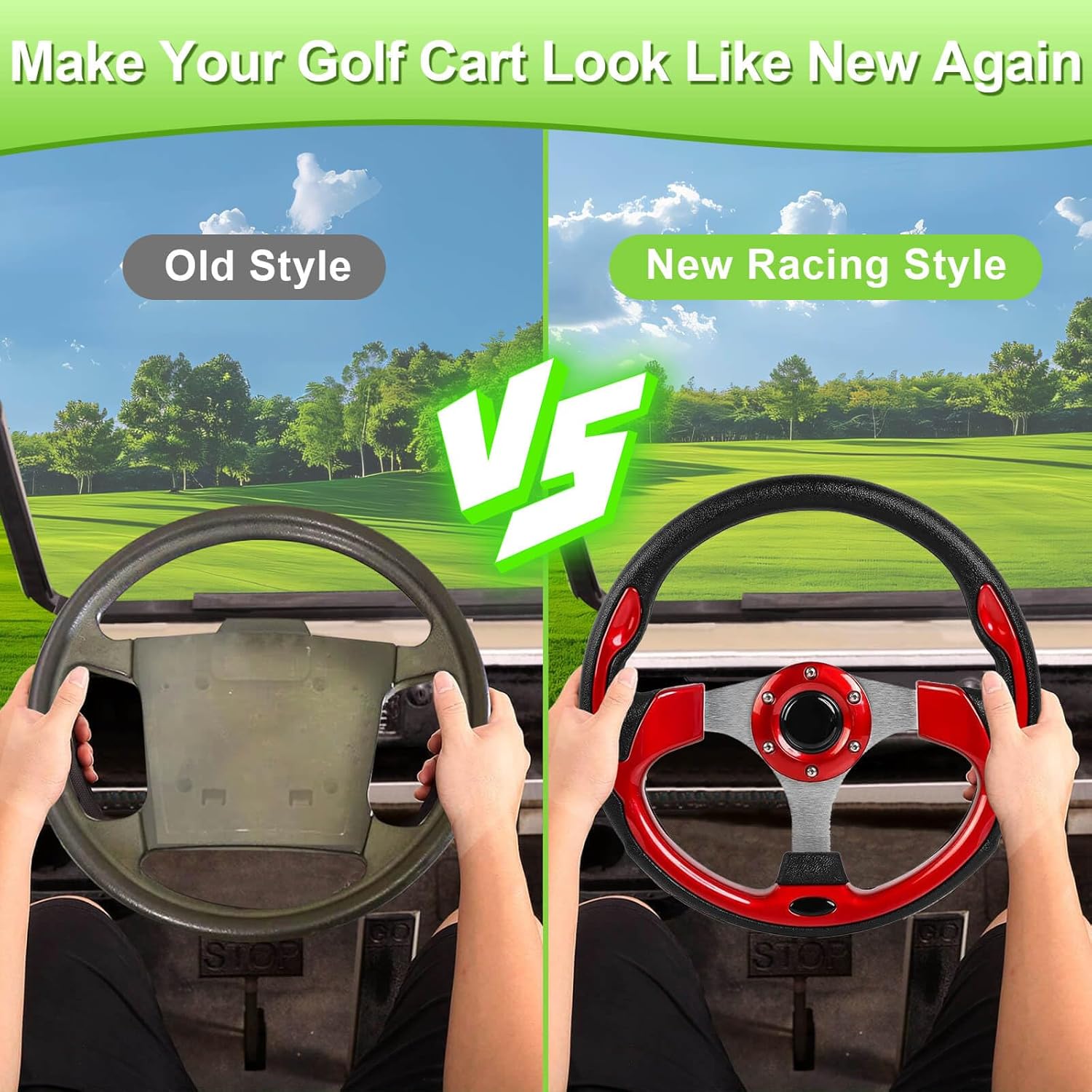 Golf Cart Steering Wheel for EZGO TXT/RXV/Valor/Marathon, Club Car DS/Precedent/Onward/Tempo and Yamaha G2-G29 Drive with 12.5 Inch Racing Comfortable Grip Ergonomic Design Precise Steering(A Ruby)