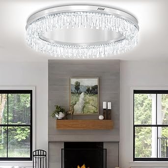 Modern Crystal Chandelier for Living Room Flush Mount Ceiling Light for Dining Room Silver 40in