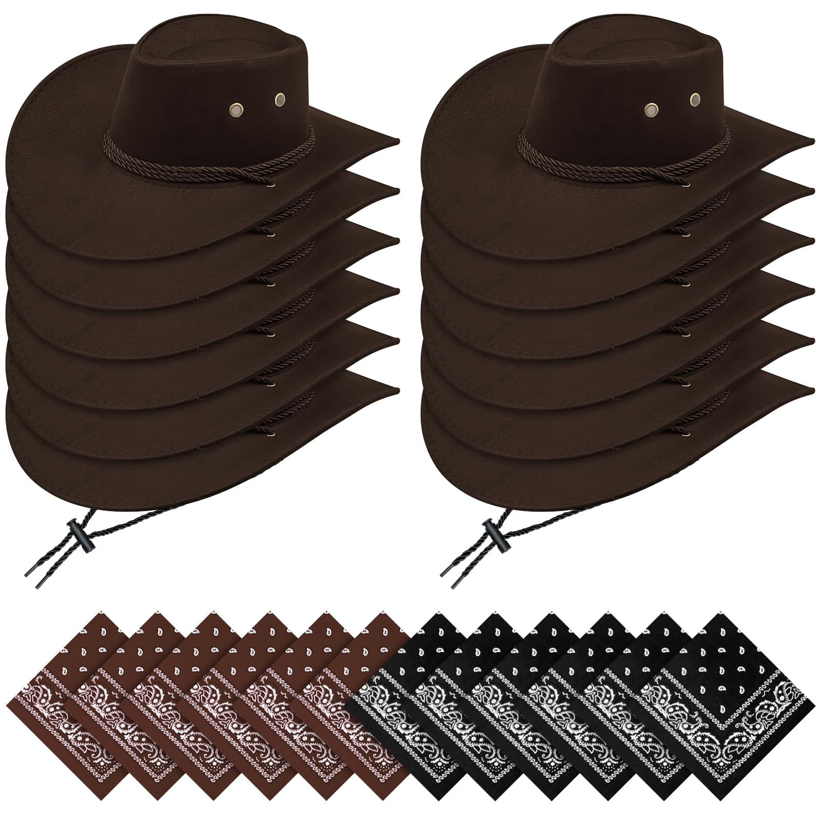 LYCN 24 Stück Cowboyhüte Set – Westernhut mit breiter Krempe aus Wildlederimitat, braune Cowboyhüte mit 12 Bandanas und Verstellbarer Kordel für Männer und Frauen, Kostümparty Zubehör