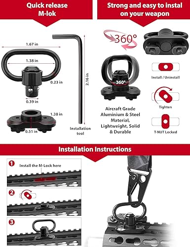 Miniatura 9 de Eslinga de rifle de 2 puntos con almohadilla suave para el hombro, ganchos integrados y giratoria | Eslinga de pistola de longitud ajustable |