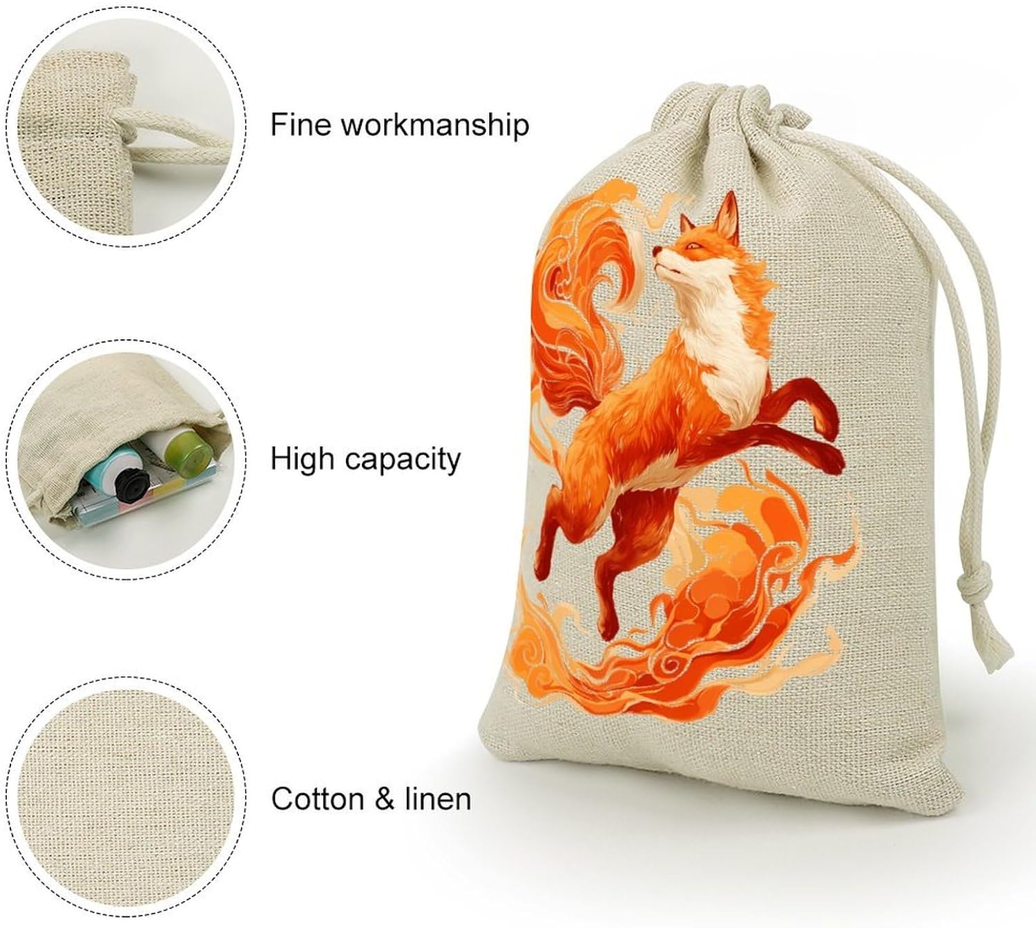 Flame Foxes Auspicious Clouds Drawstring Bags Cotton Linen Pack of 8 | Reusable Storage Gift Pouch Party Home Supplies