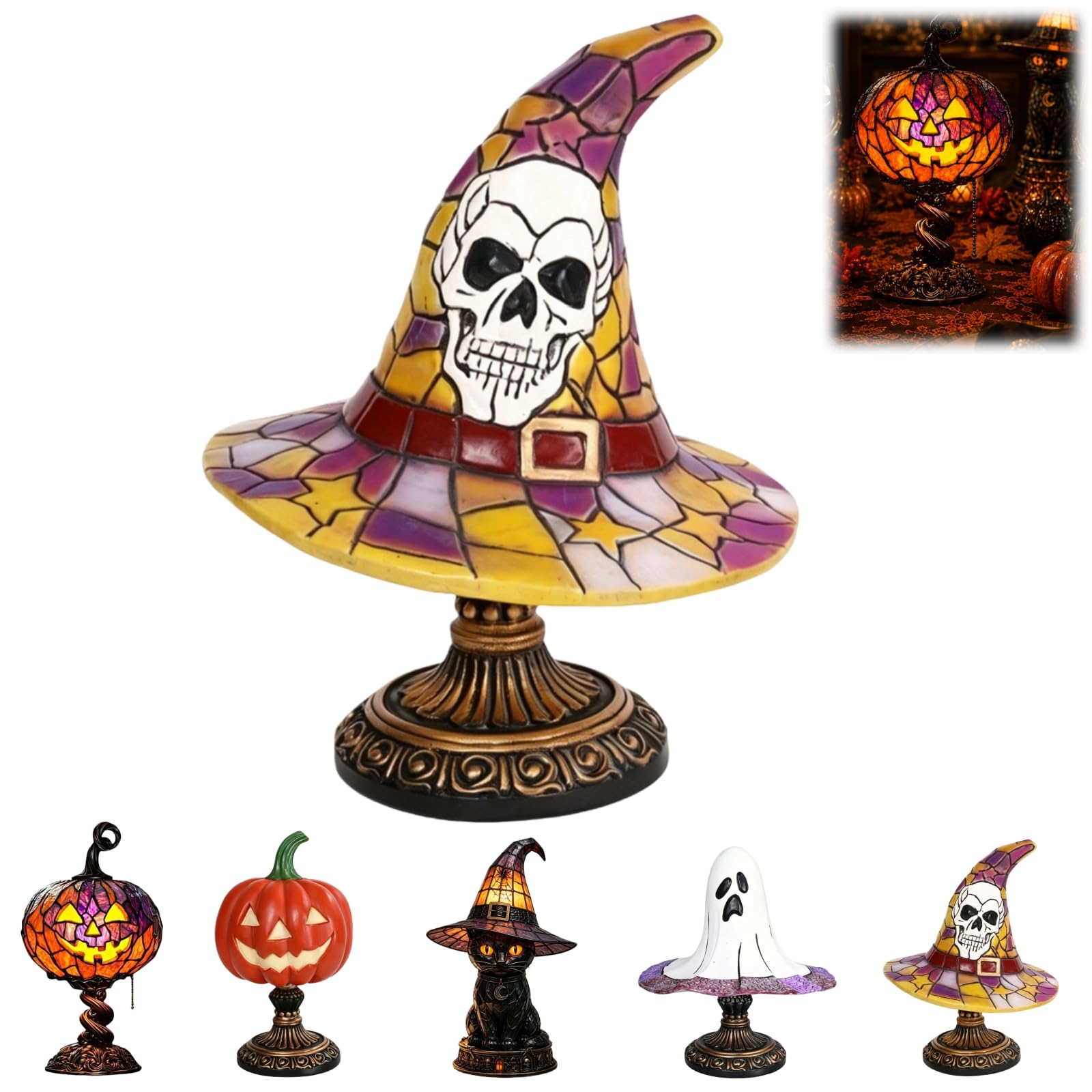 ENCOMAG Stained Glass Halloween Pumpkin Table Lamp, Jack-O-Lantern Tiffany Lamp, Vintage Resin Witch Hat Lamp Gothic Decor USB Powered Decorative Table Lamps for Halloween Home Party (Skull)