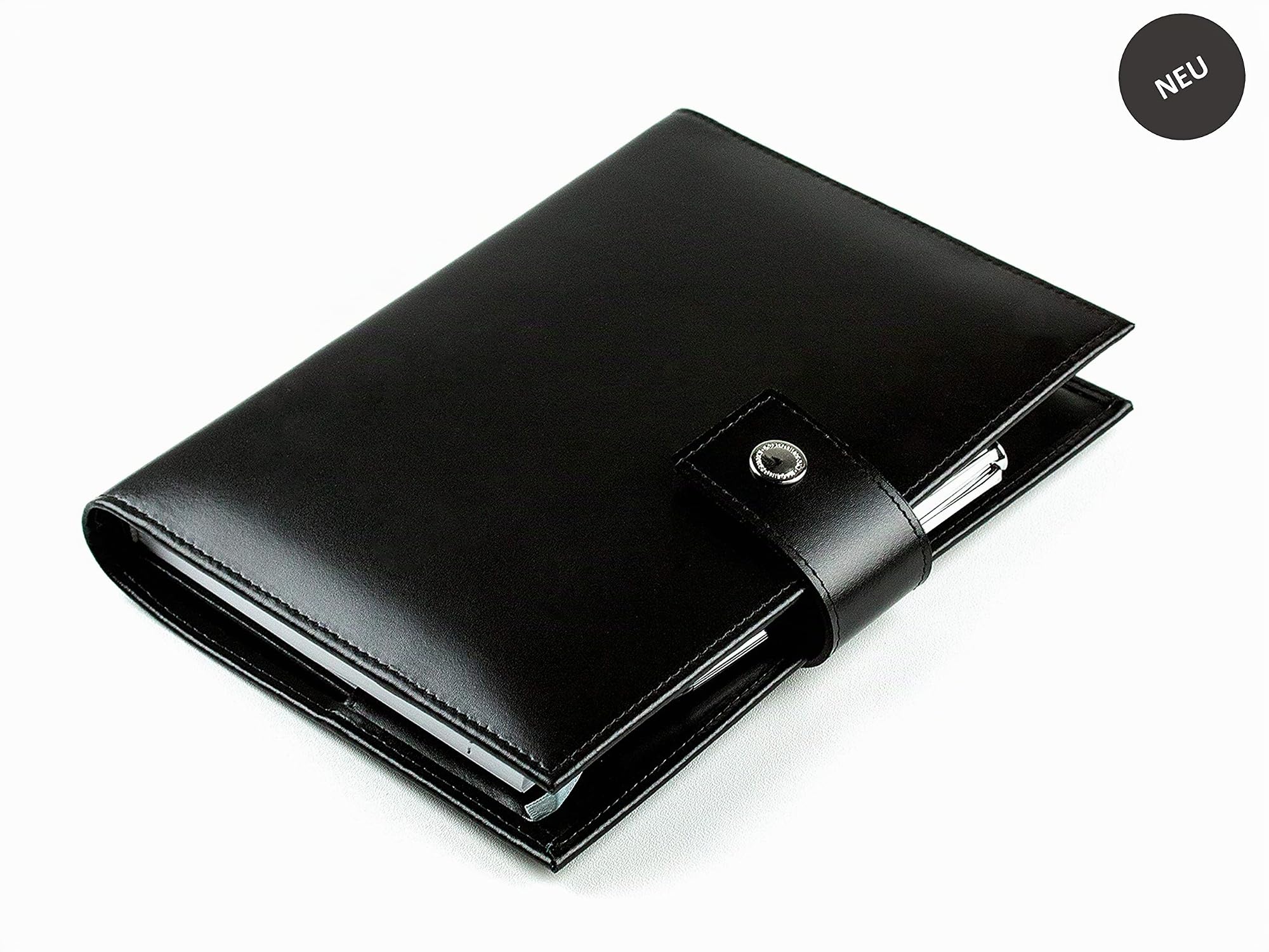 DELMON VARONE - Personalisierbares Notizbuch DIN A5 (auswechselbar) mit Verschlusslasche, Kartenfächer & Stiftschlaufe aus Cambridge Top Grain Leder Schwarz -Blanko Buch unliniert im Hardcover-Einband