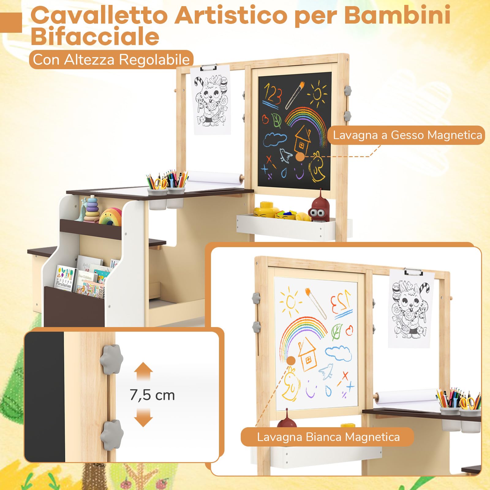 GYMAX Set di Cavalletto con Tavolo e Panca per Bambini, Scrivania Multifunzionale in Legno con Lavagna Bifacciale, Rotolo di Carta, Scaffale, Contenitore, Mobili per Attività (Caffè)