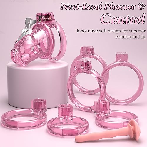 Miniatura 8 de Jaula de castidad masculina – Jaula de pene rosa ligera con parte delantera de plástico suave y anillos de 6 tamaños, cómodo dispositivo de castidad