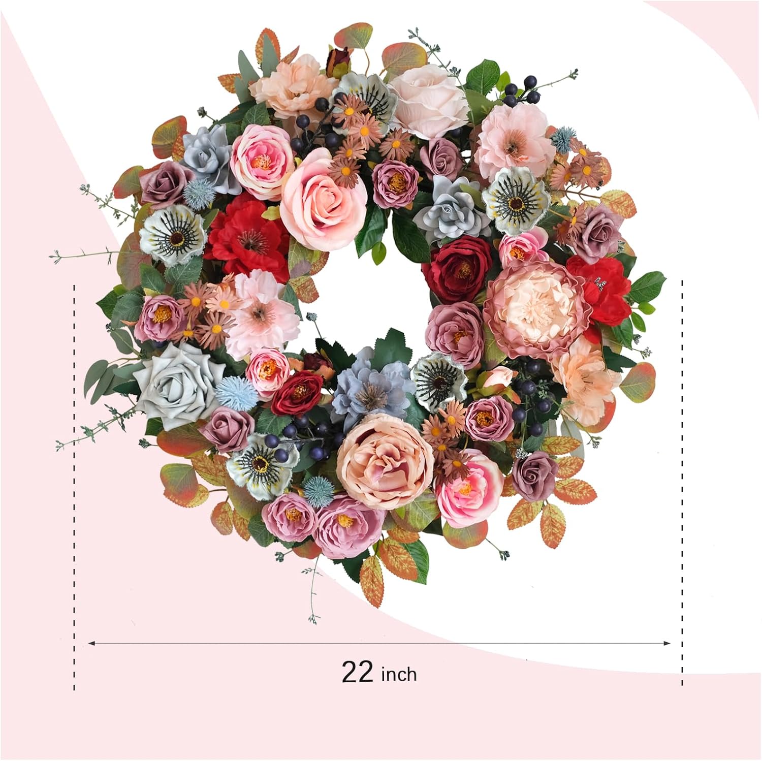 22 Inches Spring Summer Everyday Flower Wreath for Front Door, Artificial Roses Peony Wild Flowers Wreath for Indoor Outdoor, Green Leaves Floral for Home Decor