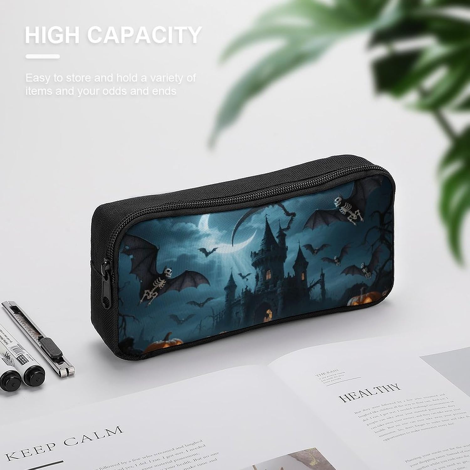 Halloween Moon And Bat Pencil Case Large Pencil Bag with Zipper image 4