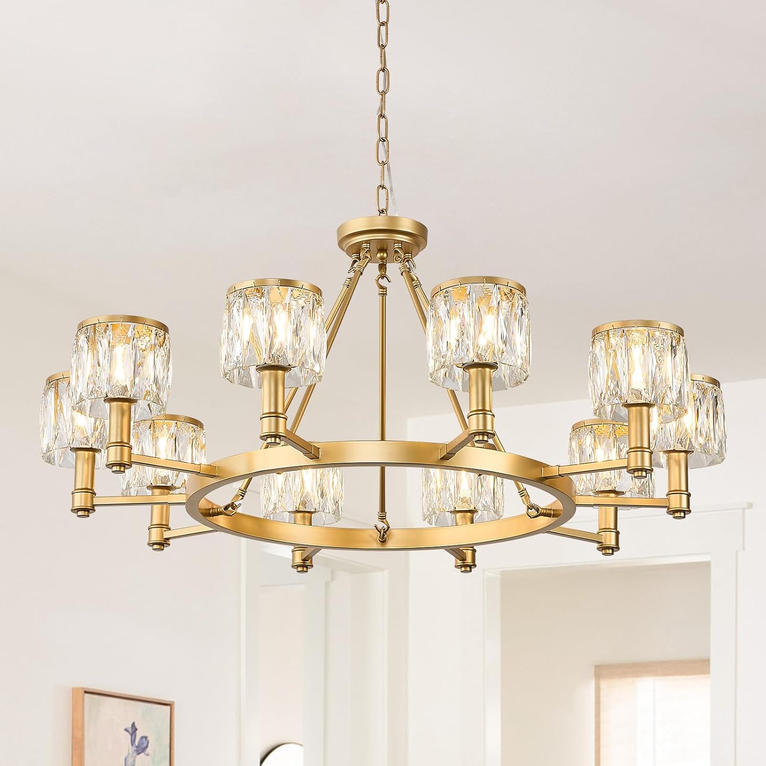 10-Light Crystal Glass Chandelier Round 38" Gold Wagon Wheel Chandelier Modern Crystal Entry Light Fixture with Adjustable Chain for Dining Room Foyer Bedroom Gold Crystal 10-Light