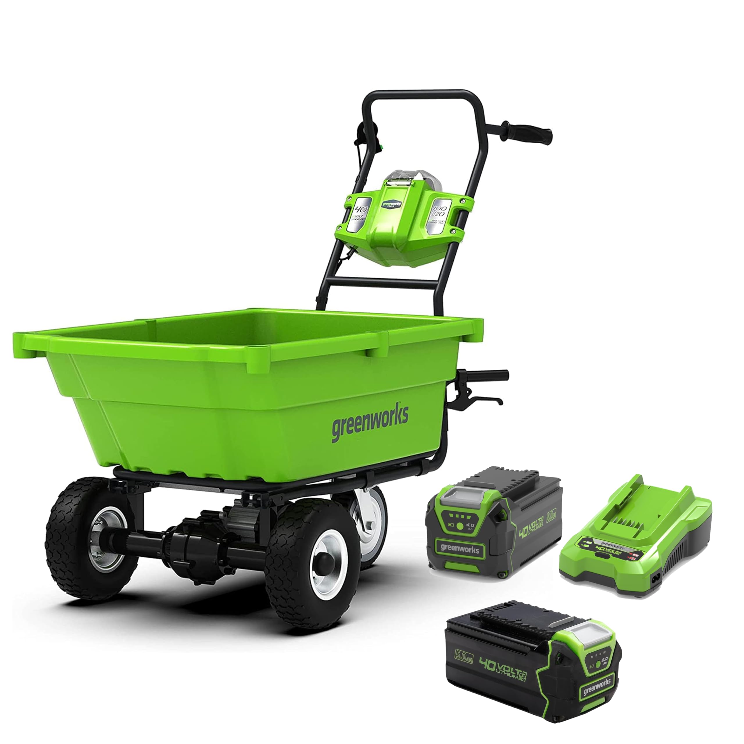 Greenworks G40GC Chariot/brouette électrique autotractée 106L/100kg, basculement Facile, sans Batterie/Chargeur + Kit 40V 4Ah + Chargeur 2A GSK40B4 + Batterie 40V 5Ah G40B5