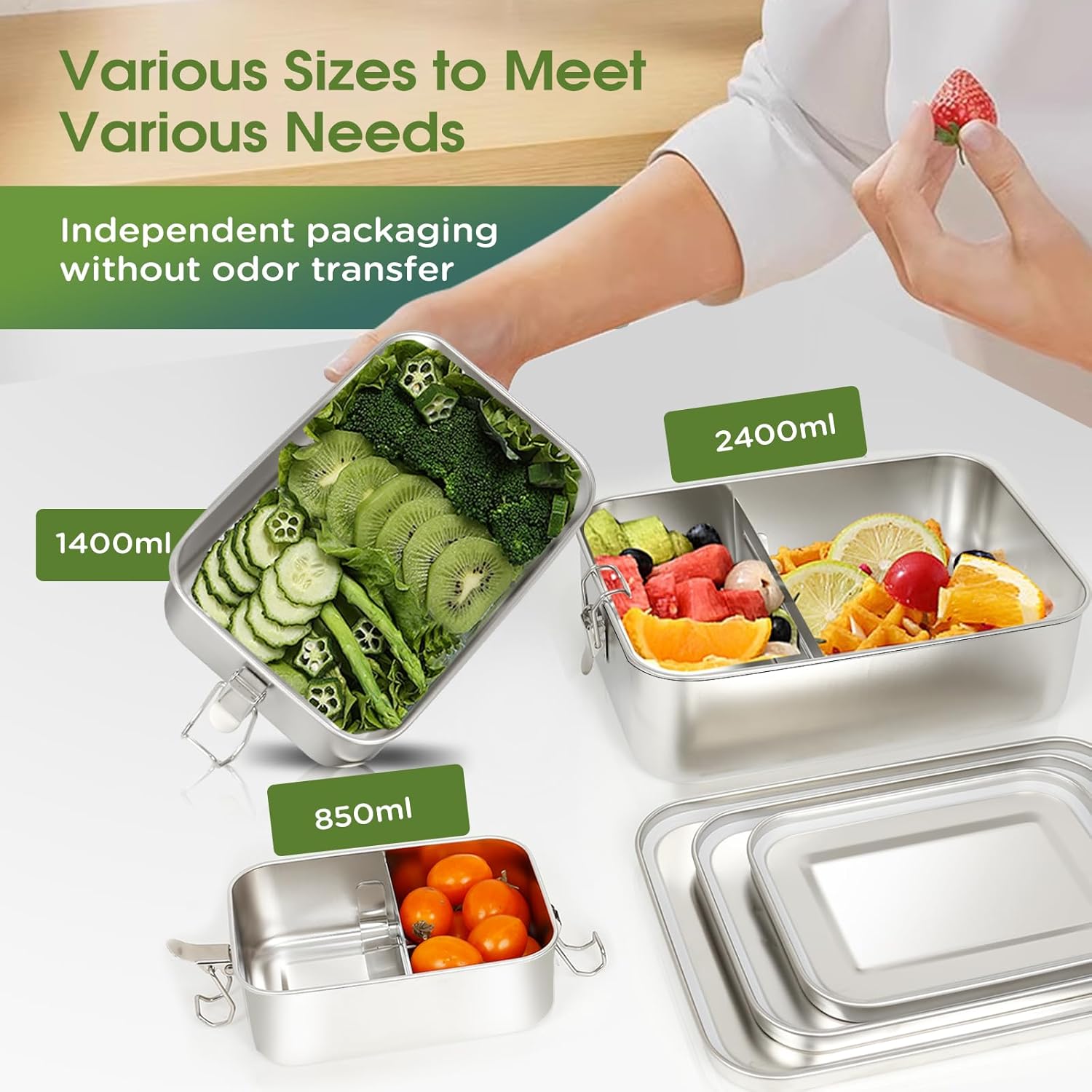 304 Stainless Steel Bento Box 3 Pack Stainless Steel Containers With Lids 81oz/47oz/29oz,Leak-Proof & Stackable Storage Stainless Steel Food Storage Containers for Soup Salad Leftover - Image 7