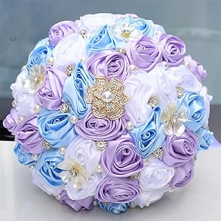 8.7" Light Purple & Light Blue & White Bridal Wedding Bouquet Round Bling Brooch Bouquet Throw Toss Artificial Rose Flower Bunch for Bride Bridesmaid Wedding Quinceanera