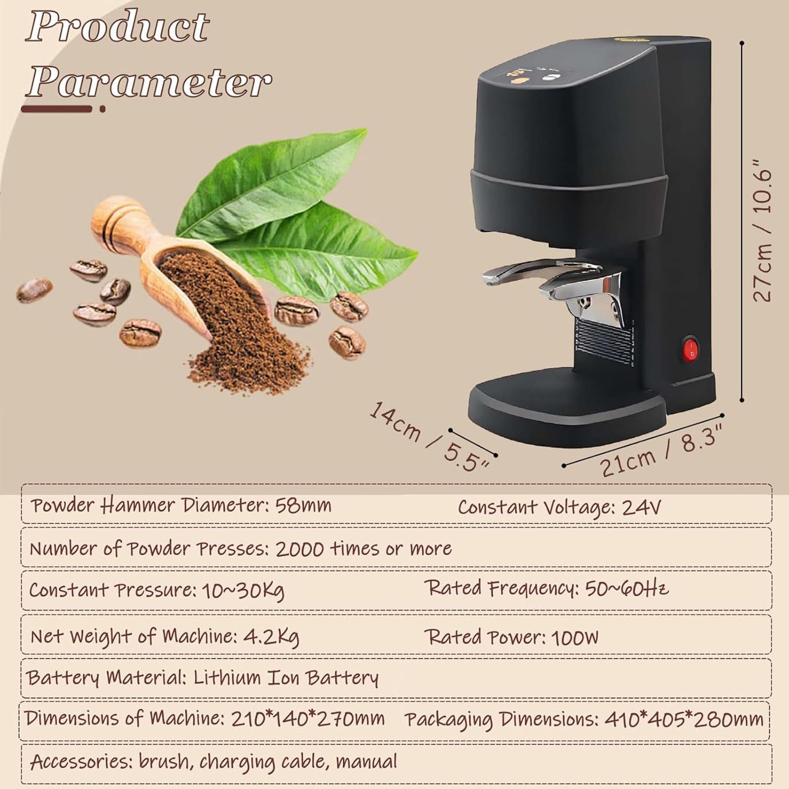 Ubijak do kawy 58 mm – automatyczna prasa do kawy ziarnistej espresso – 10–30 kg, regulowane ciśnienie – narzędzie do kawy – łatwe czyszczenie – do kawiarni i użytku domowego (czarny)