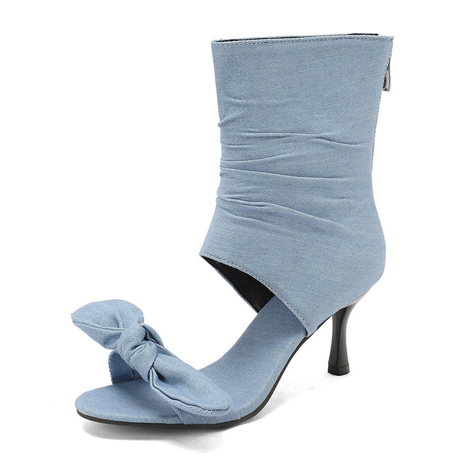 Stivaletti alla Caviglia Donna in Denim con Punta Aperta 7CM, Sandali con Tacco Kitten e Decorazione a Fiocco con Zip Posteriore