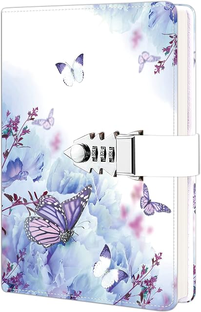 Diary with Lock for Girls and Women, Secret Lock Journal with Exquisite Pattern Design, Refillable Faux Leather Journal Writing Notebook, Size A5(8.5 × 5.9 Inch) Style 1
