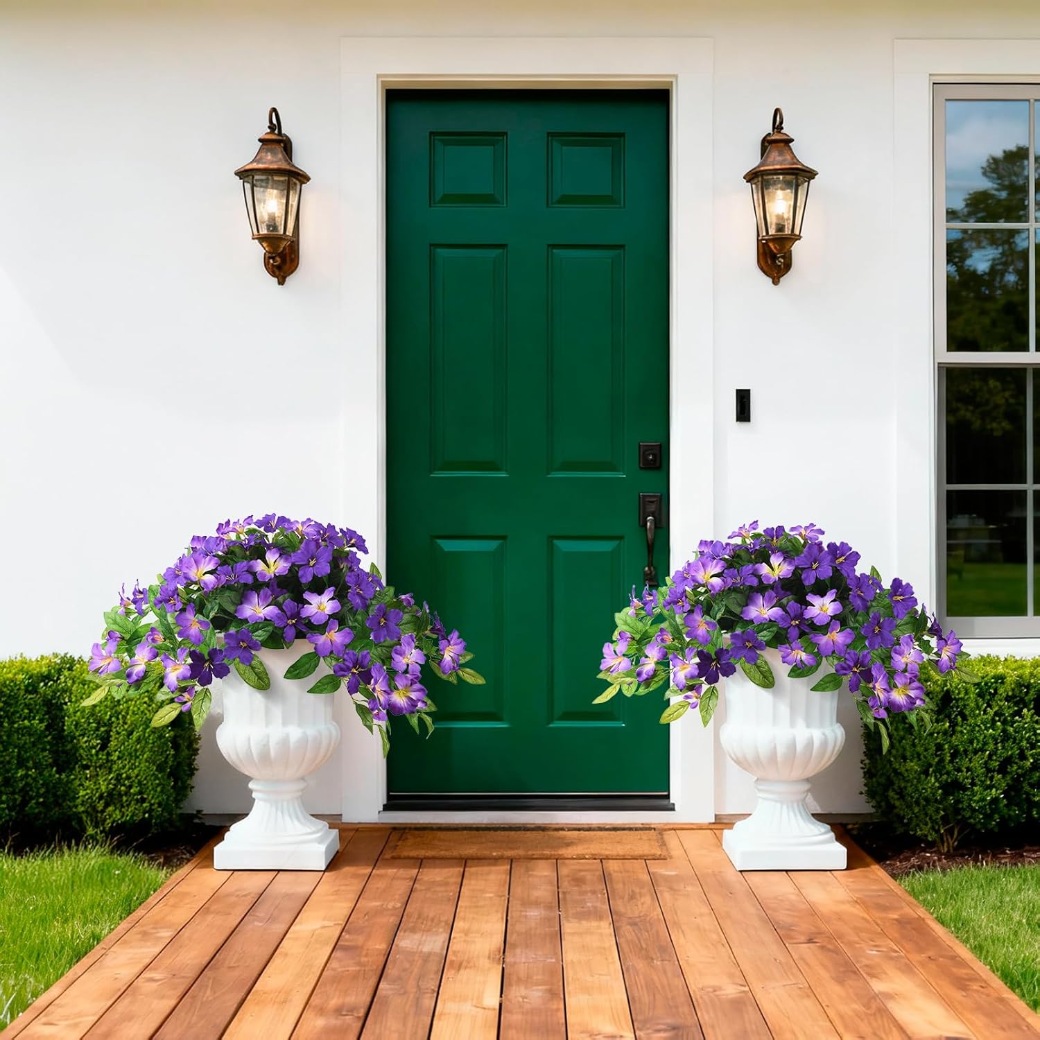 Homsunny Artificial Fake Flowers Plants Outdoor, 2PCS Realistic Faux Silk Flowers UV Resistant Fake Outdoor Flowers for Spring Outside Porch Garden and Home Patio Yard Decor (Double Purple) - Image 4