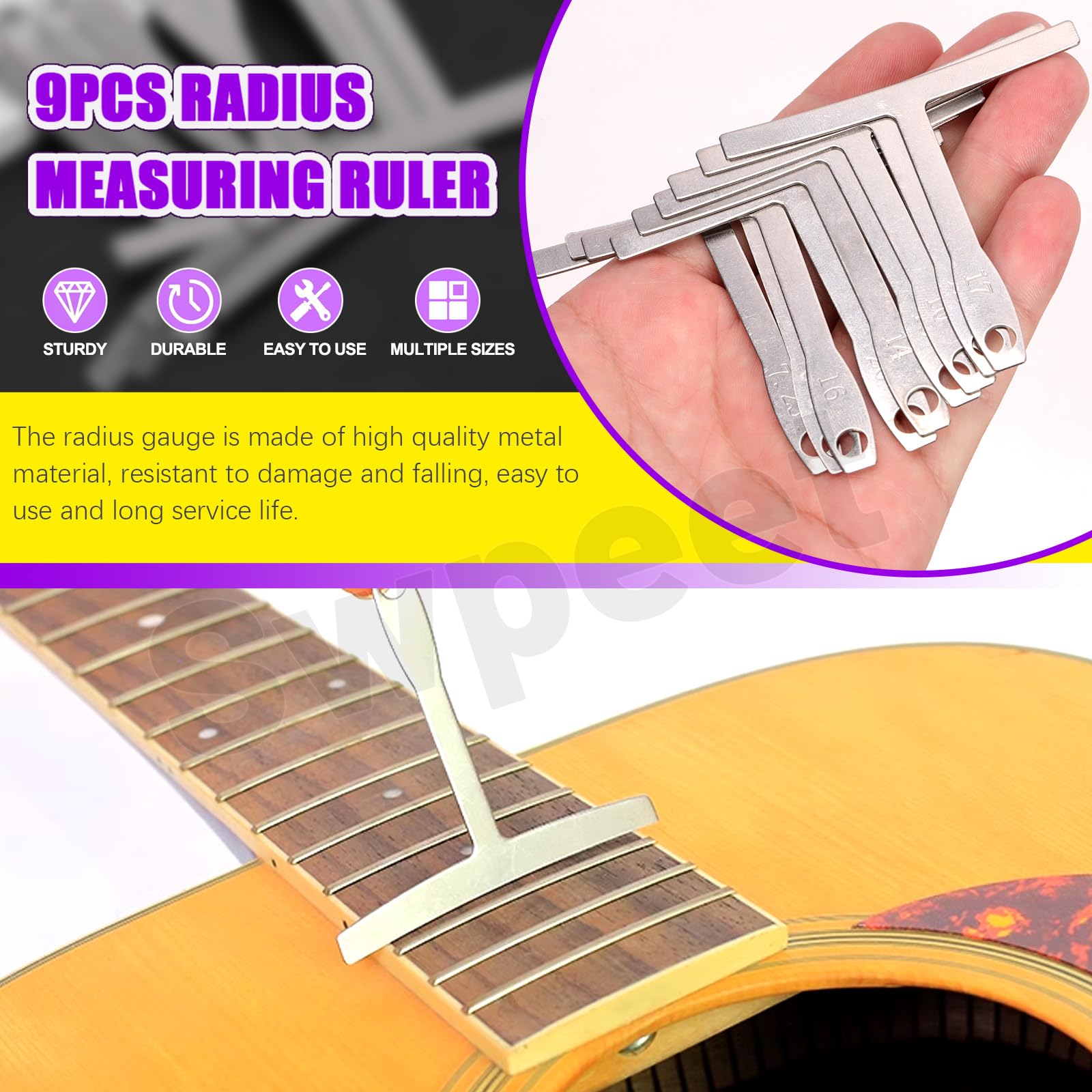 Swpeet 2 Sets Guitar Luthier Tools Set including Understring Radius Gauge and 32 Blade Feeler Gauge - Image 3