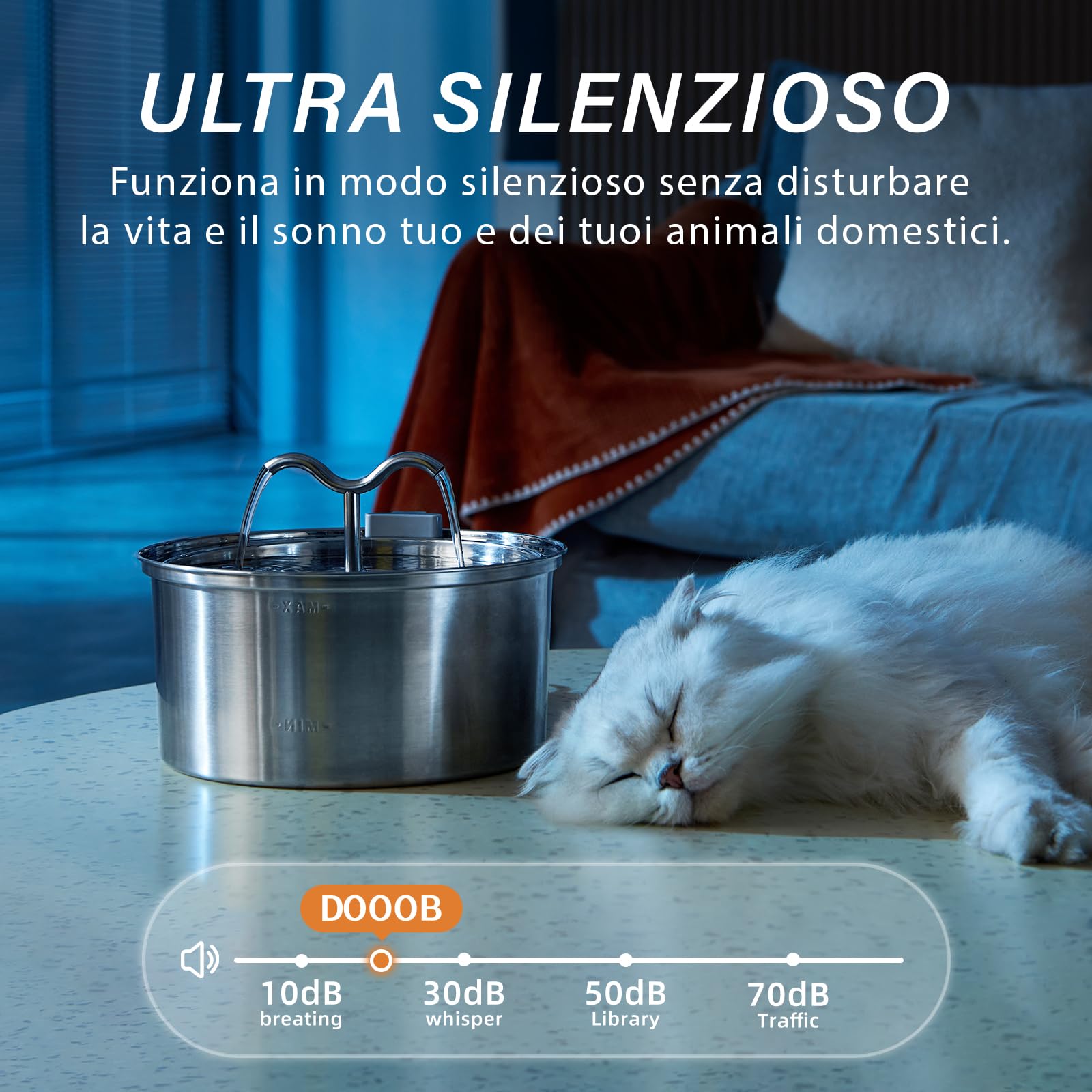 DOOOB Fontanella per Gatti, 3.2L Fontana per Gatti, Automatico Fontanella Gatto Acciaio con Pompa Ultra Silenziosa, Fontana per gatti acciaio inox con 1 Filtro e 1 Spugna