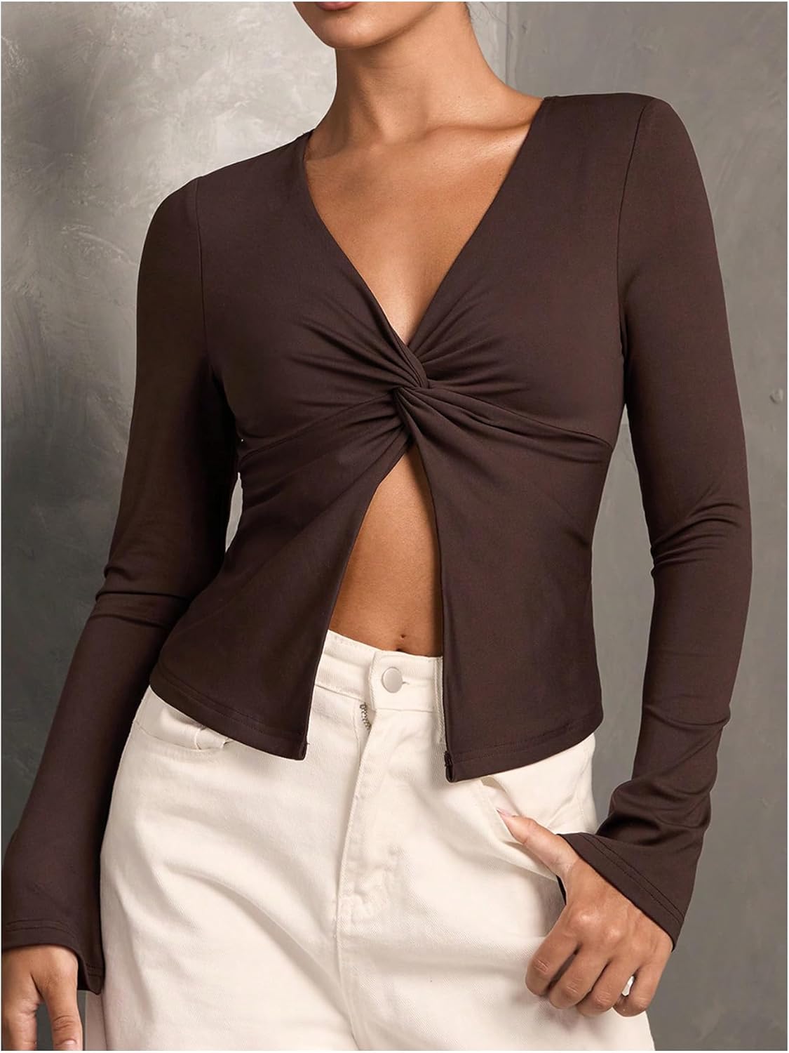 Verdusa Women's Twist Front Long Sleeve Shirts Deep V Neck Fitted Crop Tee Y2K Going Out Tops - Image 3