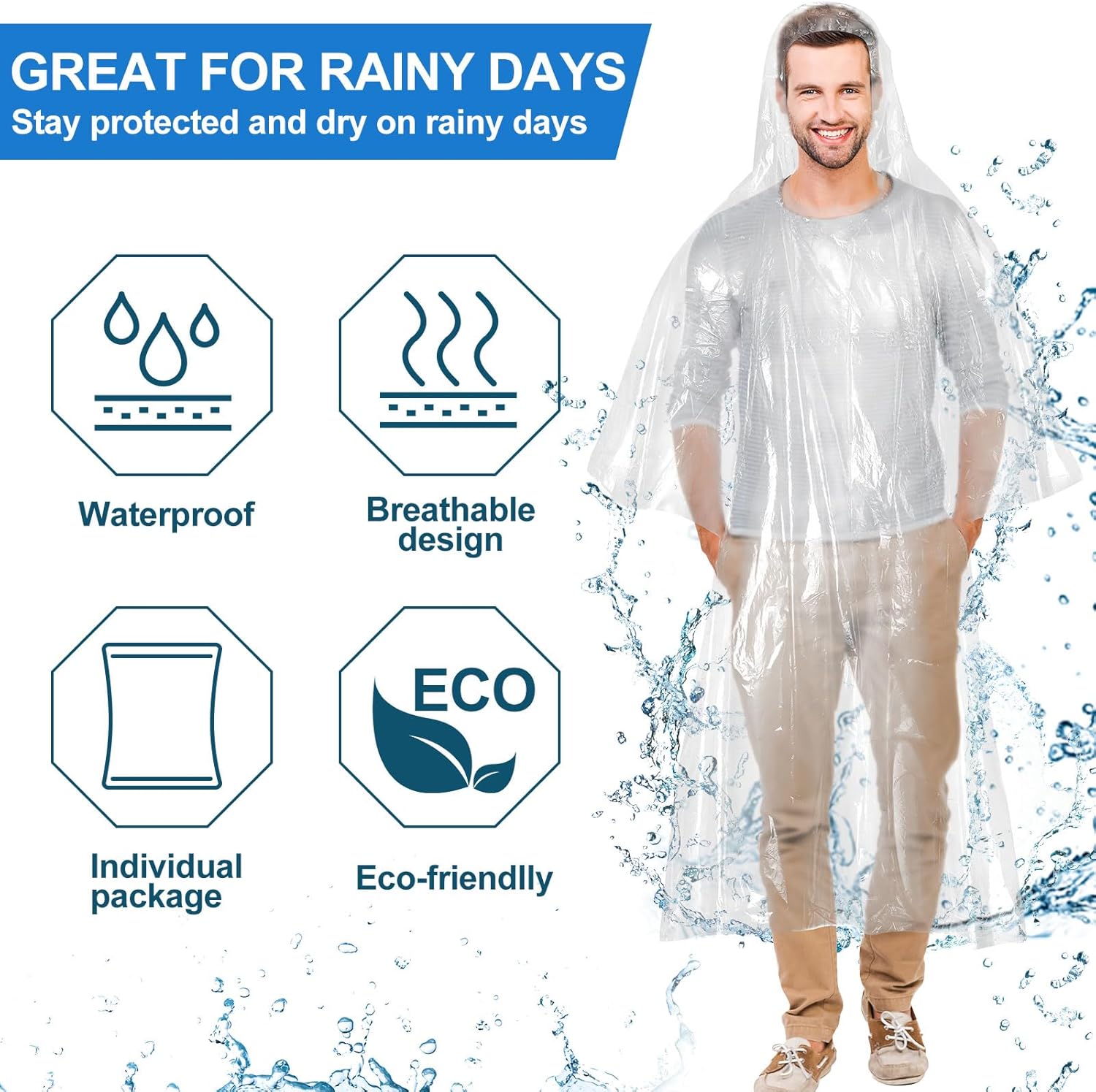 Handepo 200 Pack of Adult Rain Ponchos with Hood, Disposable Rain Ponchos, Plastic Emergency Raincoat Poncho, Traveling Hiking Outdoors Activities(White) - Image 5