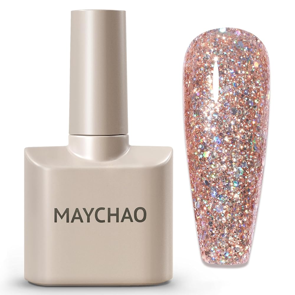 MAYCHAO 15ML Rose Gold Glitter Gel Nail Polish 1Pc Sparkly Rose Gold Gel Polish Soak Off UV LED Nail Polish Nail Art Starter Manicure Salon DIY at Home, 0.5 OZ