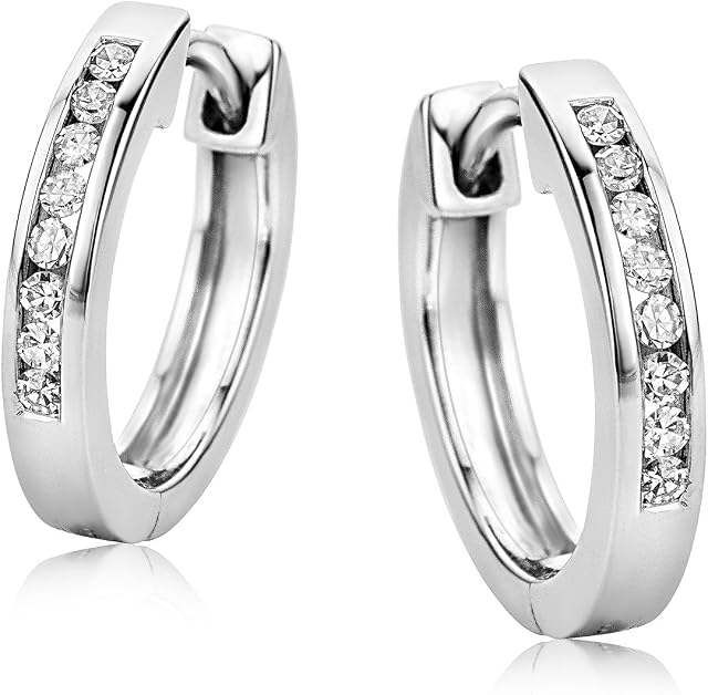 Orovi Woman Hoops Earrings 9 ct / 375 White Gold With Diamonds Brilliant Cut 0.11 ct