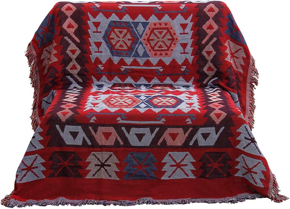 Beautiful-tech 50" X 70" Double Sided Cotton Woven Couch Throw Blanket Featuring Decorative Tassels - Geometric Pattern, Red/Beige