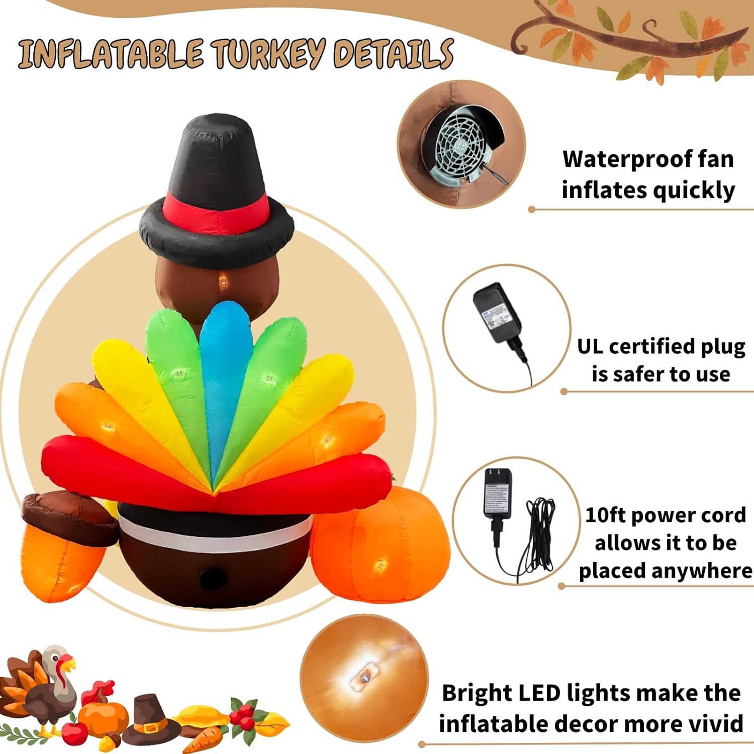 Inflatable Turkey Lawn Decoration Thanksgiving Inflatables Outdoor Yard Decorations 6ft Giant Blow Up Turkey with Pilgrim Hat Led Light for Happy Fall Holiday Indoor Outside Autumn Décor