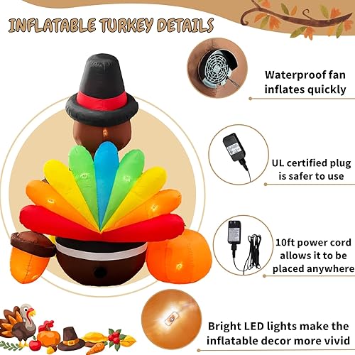 Miniatura 4 de Inflatable Turkey Lawn Decoration Thanksgiving Inflatables Outdoor Yard Decorations 6ft Giant Blow Up Turkey with Pilgrim Hat Led Light for Happy